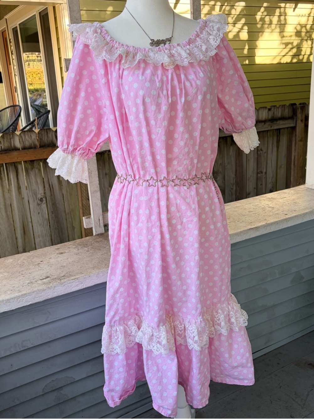 Vintage Handmade 80s Pink Polka Dot Lace Muumuu Dress